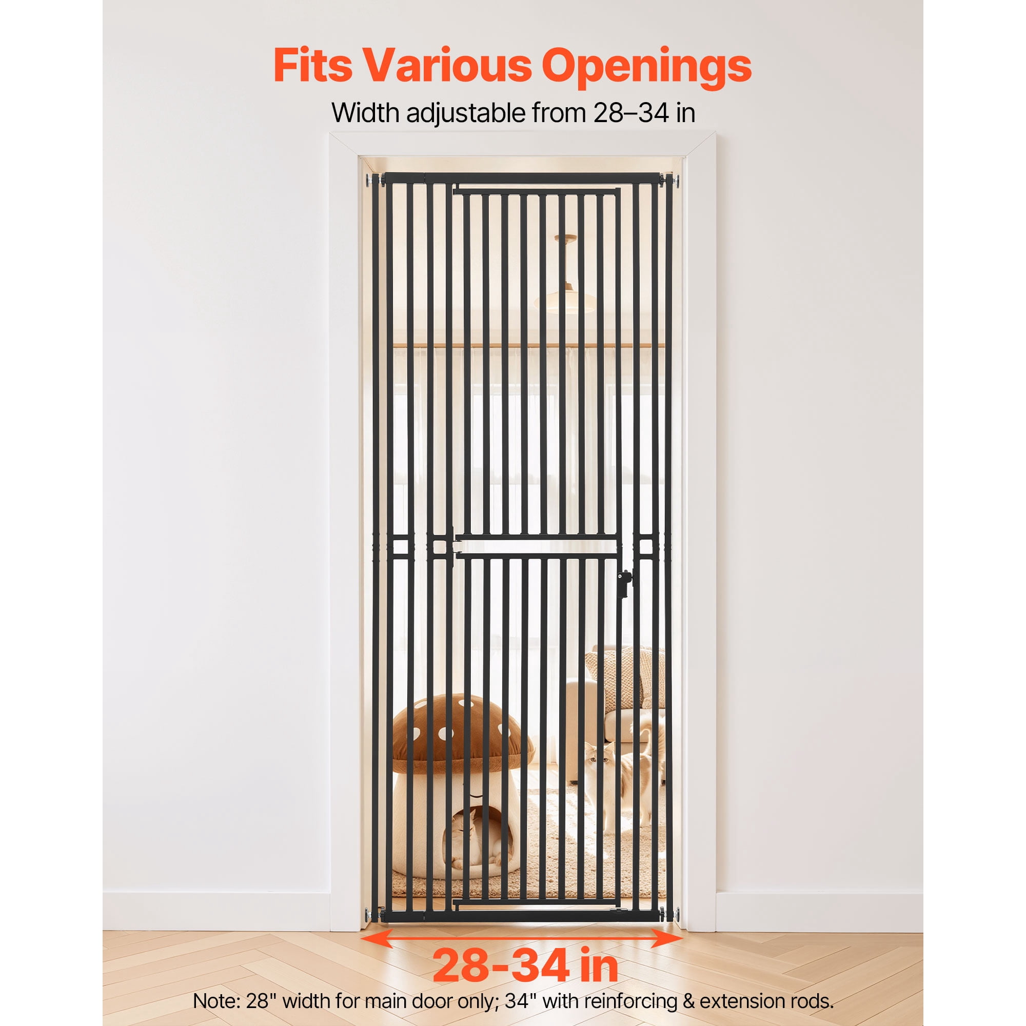 KFFKFF Extra Tall Pet Gate for Cats, Adjustable Width 28-34 in, 78.7 in High Dog Gate, Includes Pressure and Wall Mount Kits, 1.2 in Narrow Bar Spacing, Suitable for Stairs, Doorways, White