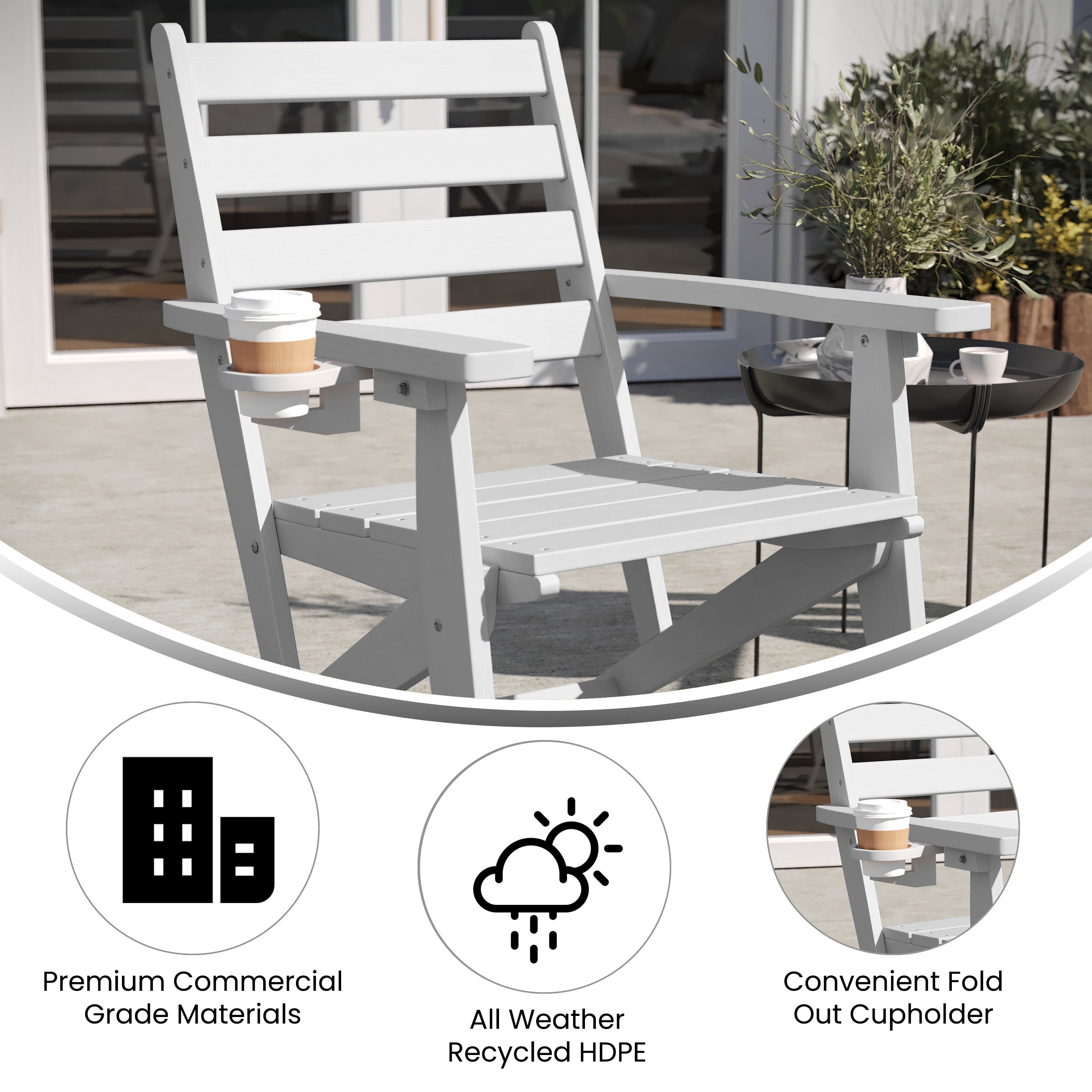 Emma + Oliver Adirondack Dining Chair with Fold Out Cup Holder, Weather Resistant Recycled HDPE Adirondack Chair in White