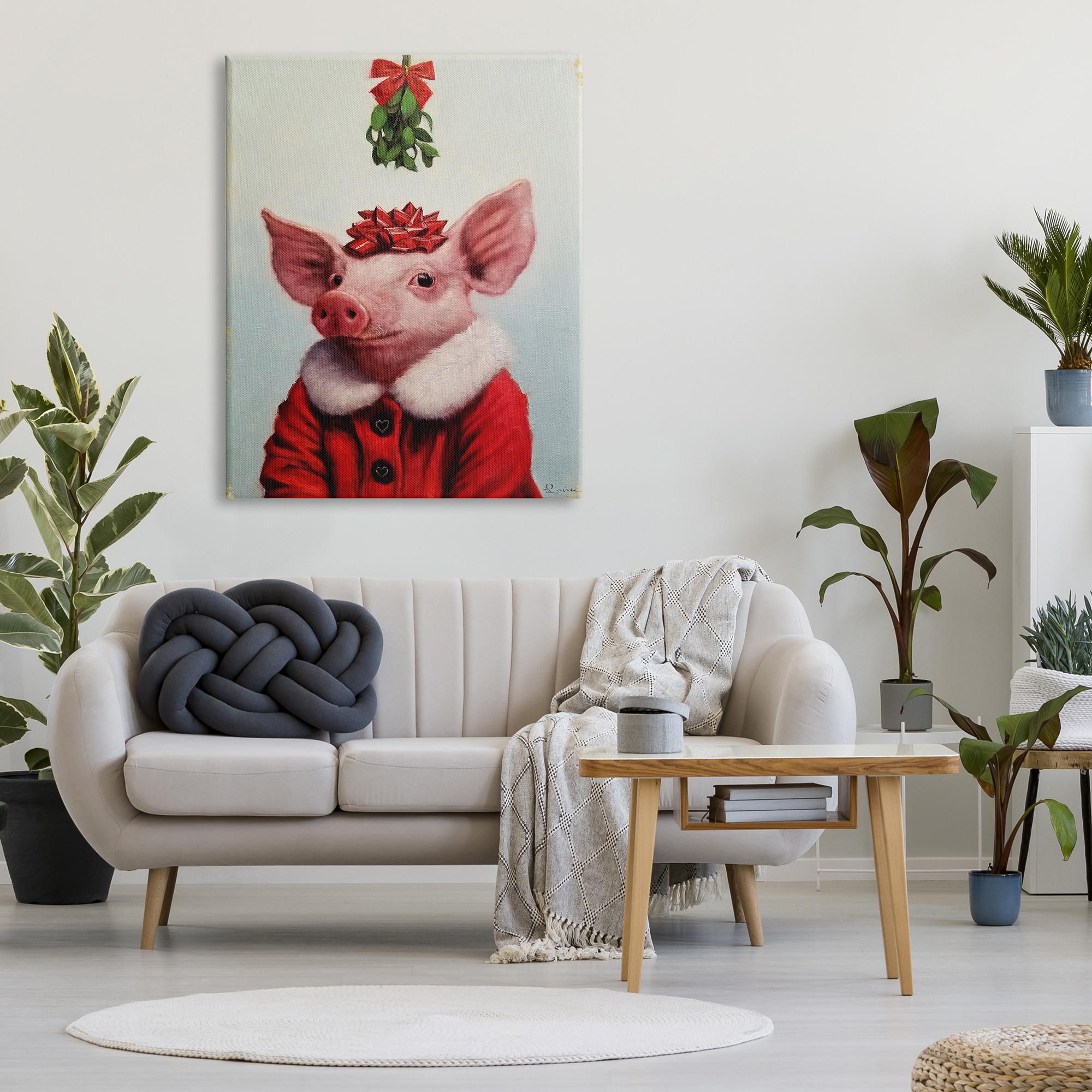 Stupell Industries Christmas Charm Piglet Holiday Mistletoe Santa Jacket Animals & Insects Painting Gallery Wrapped Canvas Print Wall Art, 36 x 48