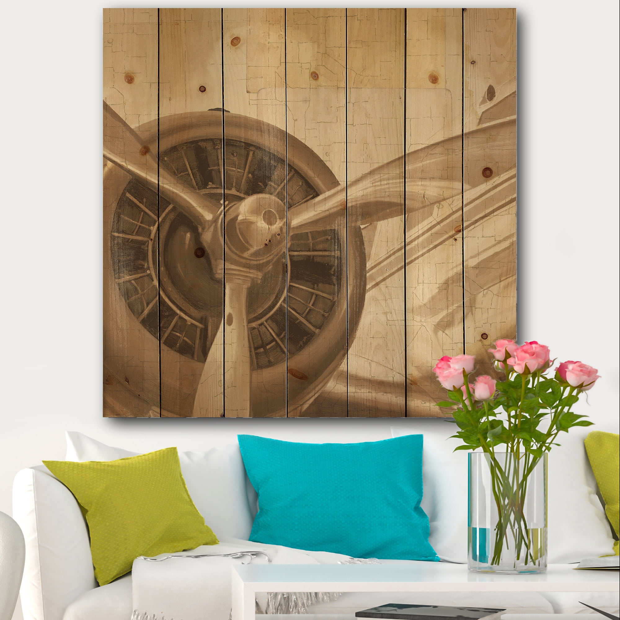 Designart 'Retro Airplanes Sepia' Vintage Transportation Print on Natural Pine Wood