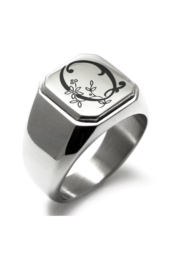 Stainless Steel Letter Q Initial Floral Monogram Engraved Engraved Square Flat Top Biker Style Polished Signet Ring