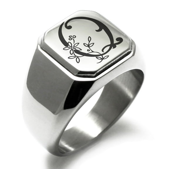 Stainless Steel Letter Q Initial Floral Monogram Engraved Engraved Square Flat Top Biker Style Polished Signet Ring