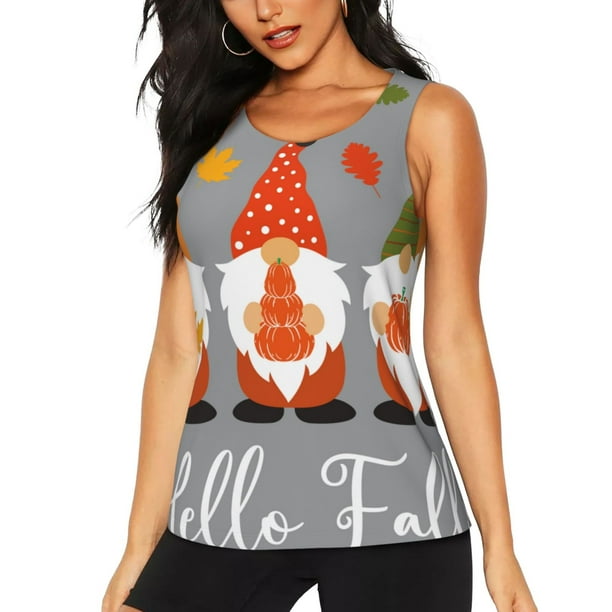 Balery Hello Fall Gnomes Camiseta sin mangas estampada ligera para mujer, tops de entrenamiento sin mangas, camisetas de yoga transpirables de secado rápido.-X-Large