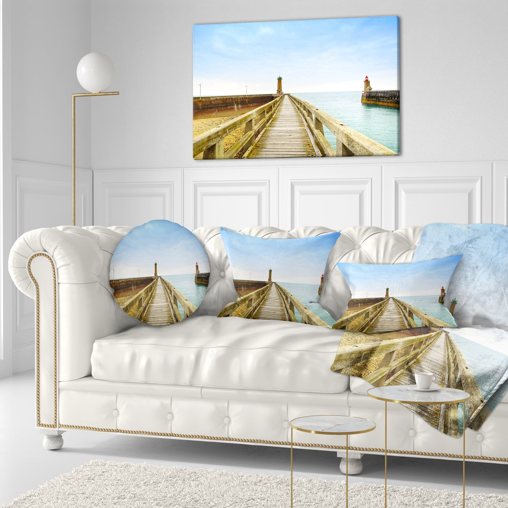 Designart Pier and Lighthouse France - Seascape Throw Pillow - 12x20