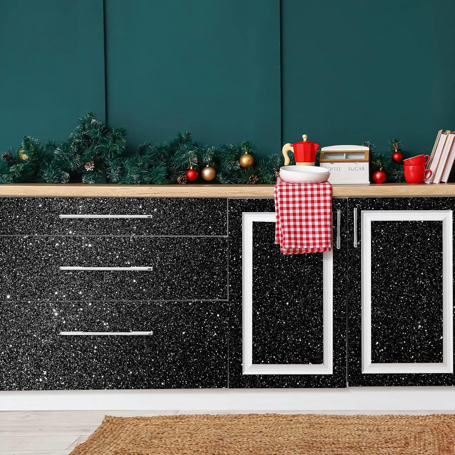 Black Glitter Contact Paper 15.7''x236'' Self Adhesive Black Glitter Wallpaper Roll Removable Glitter Fabric Wall Paper Sparkle Peel and Stick Wallpaper Decorative for Bedroom Accent Walls