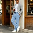 thumbnail image 7 of GrmtClth Casual Pants for Men Drawstring Elastic Waist Lightweight Linen Pants Loose Fit Straight Legs Beach Trousers with Pockets Light Blue S, 7 of 7