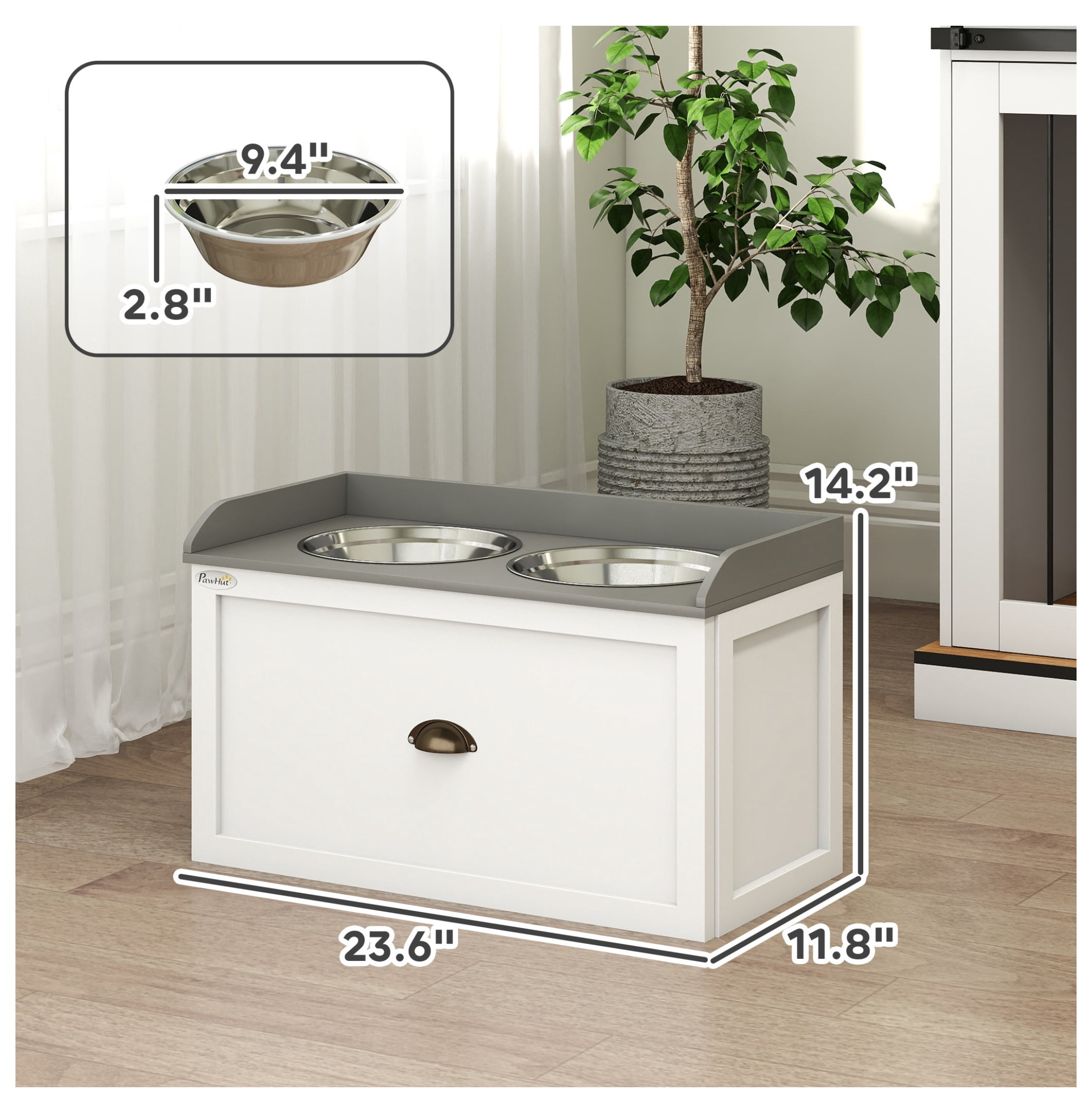 Elevated Dog Bowls with Storage, Pet Feeding Station for Large Dogs, 2 Stainless Steel Bowls, White Dog Diner