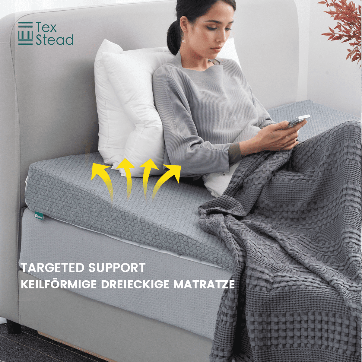 CHARRYARN By TexStead Mattress Riser Bed Wedge Pillow with Memory Foam Top, Wedge Mattress Elevator with Washable Cover,Twin, Grey, 5.5 Inch