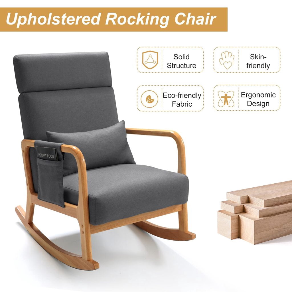 Solid Wood Rocking Chair, Nursery Upholstered Glider Rocker, Rocking Accent Chair with High Backrest, Pillow and Magazine Side Pocket for Living Room Bedroom Study(Set of 2, Grey)