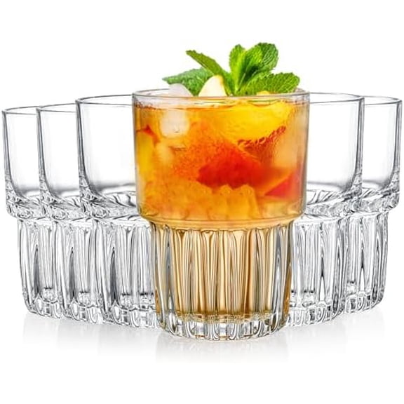6 Pack Drinking Glasses Set, 11 OZ Clear Striped Iced Tea Water Glass Cup, Stackable Rocks Glasses, Thick Tempered Glass Tumbler with Heavy Base for Juice, Milk, Cocktail, Spirits, Daily Use