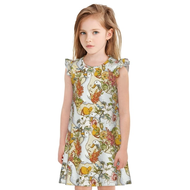 Balery Ducks and Flowers Camisón de princesa para niñas, pijama de algodón con mangas abullonadas, suave y bonito.-Large