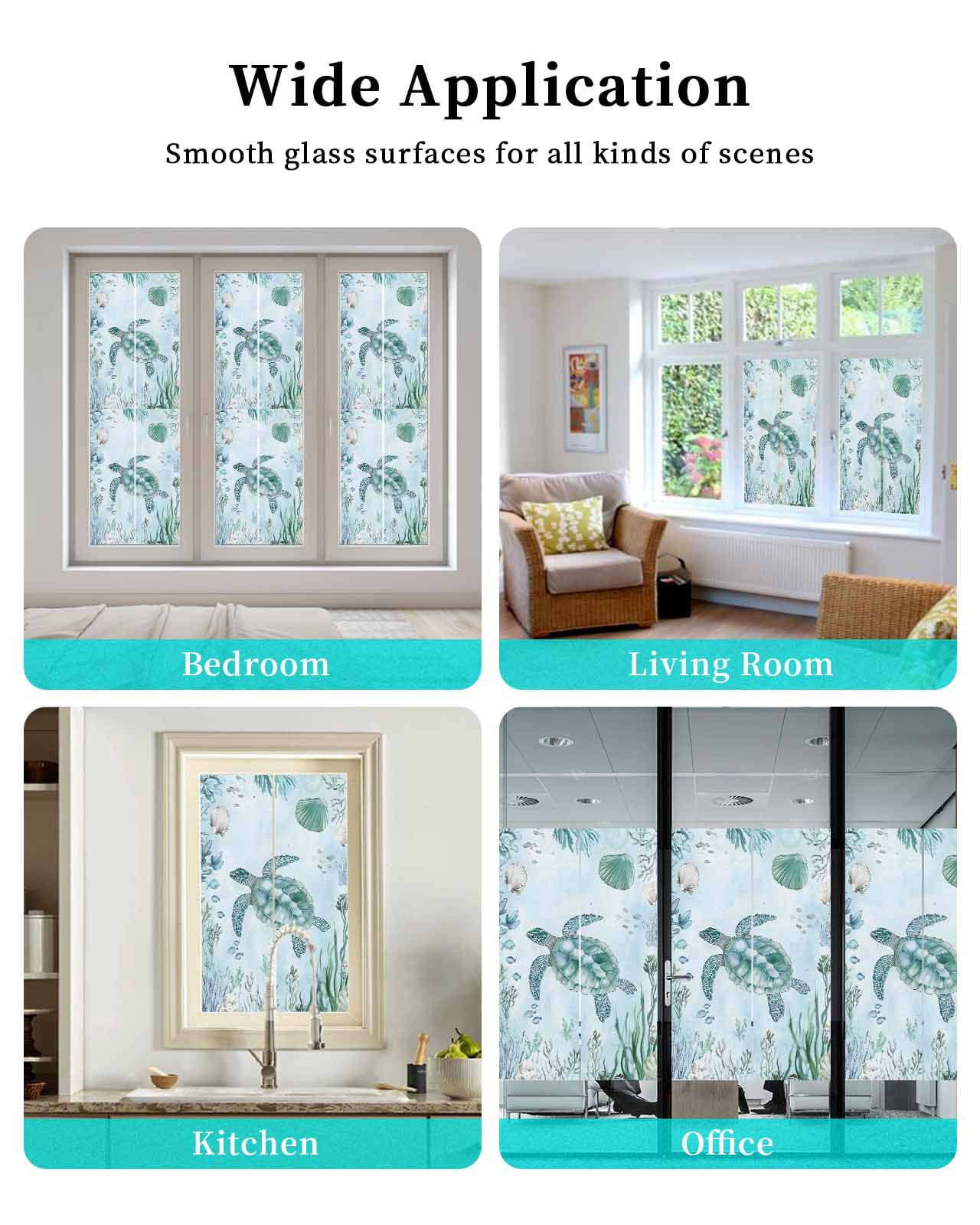 Window Privacy Film Coastal Turtle Stained Glass Window Film Decorative Sun Block Window Cover Beach Nautical Seashells Seaweed Coral Window Clings Static Adhesive Sticker for Bathroom 29.5"x78.7"