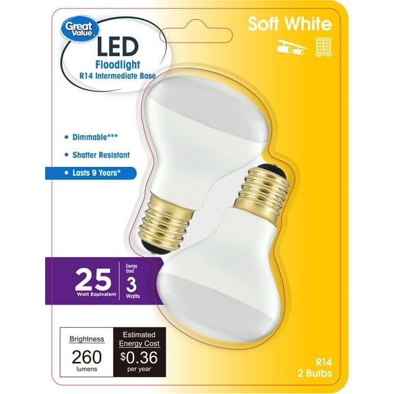 Great Value LED Indoor Flood Light Bulb, 3 Watts (25W Equiv.) R14 Shape E17 Base, Soft White, 2PK