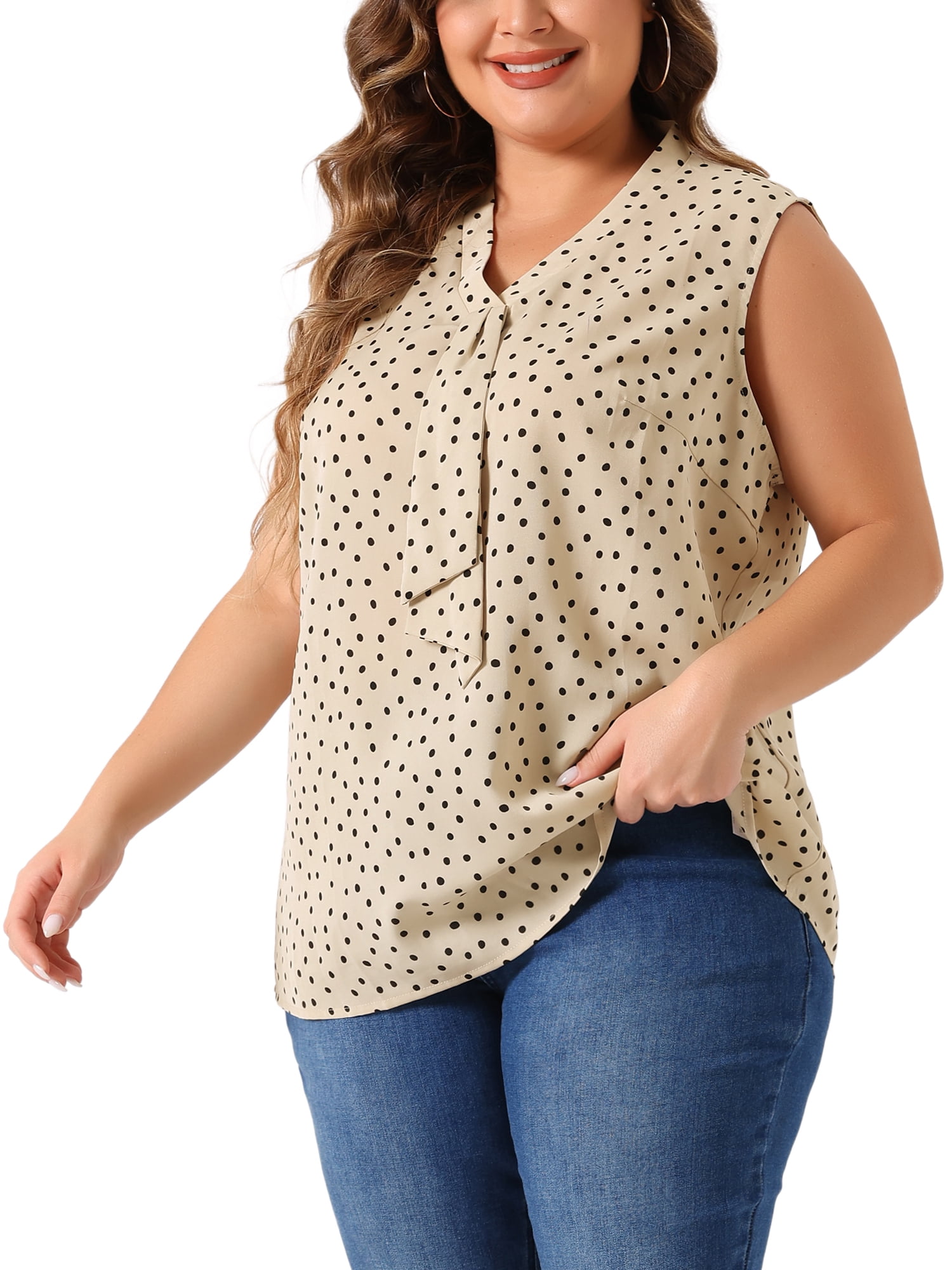 DARING DIVA Women's Plus Size Polka Dots V Neck Tie Neck Sleeveless Blouses 1X Light Khaki