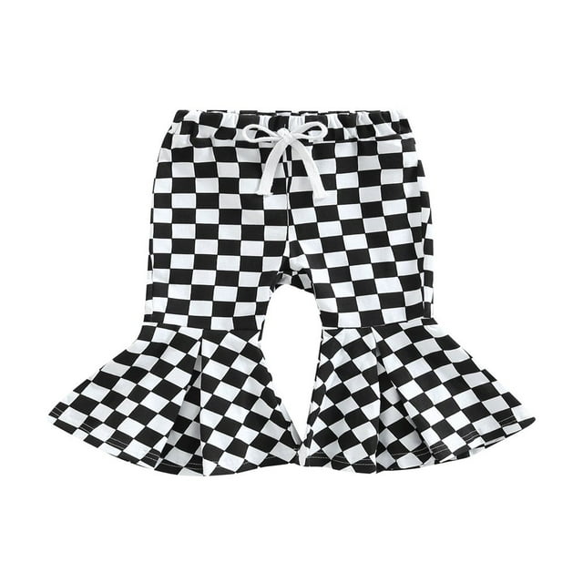 Pantalon Évasé Décontracté pour Petites Filles Mode à Carreaux Imprimé Taille Haute Long