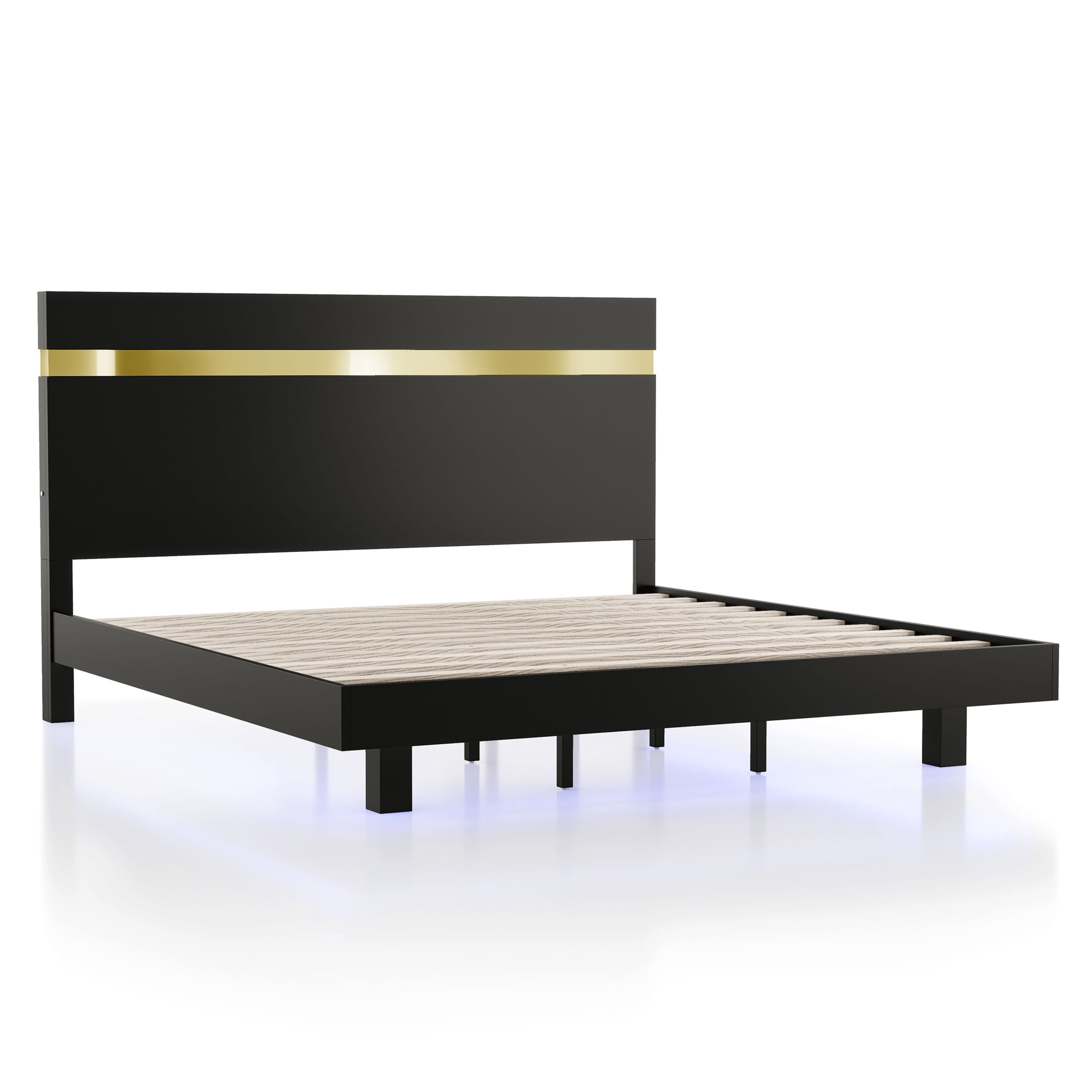 Furniture of America Chora Solid Wood Platform Bed with Underbed LED, Full, Black and Gold