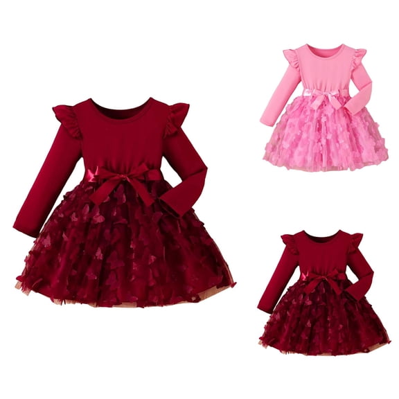 Girls Elegant Long Sleeve Dress with Layered Skirt, Flutter Sleeve, Bow Belt, Heart Print, Crewneck Knitted A-Line Party Gown for Toddlers