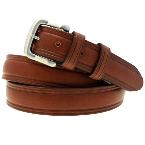 Men 1 1/4 Rich Brown Bridle Leather Domed Belt Double Loop Brushed Nickel Buckle