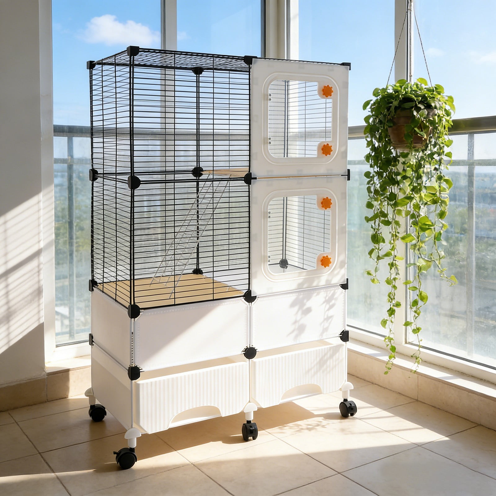 Pet Cage, Black, 3-Tier Small Animal Cage Dog Crate 74x37x115cm for Rabbit Chinchilla Squirrel Ferret, 2 Ramps, 6 Swivel Wheels with Brakes, Pull-Out Drawer, 0.59in Mesh, Easy Clean
