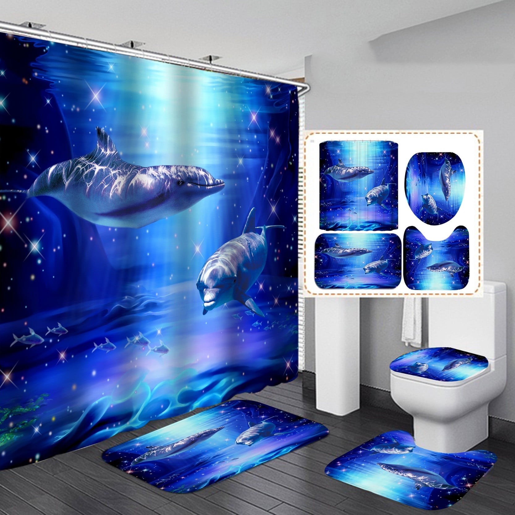 Cute Animal Shower Curtain, Underwater World With Dolphins And Plants