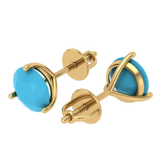 4 Ct Round Cut Studs Blue Turquoise 18K Yellow Solid Solid Gold Everyday Dainty Earrings Screw Back