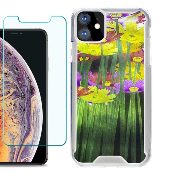 For Apple iPhone 11 Case, Hybrid Bumper Phone Case, with Tempered Glass Screen Protector, by OneToughShield ® - Dream Flower