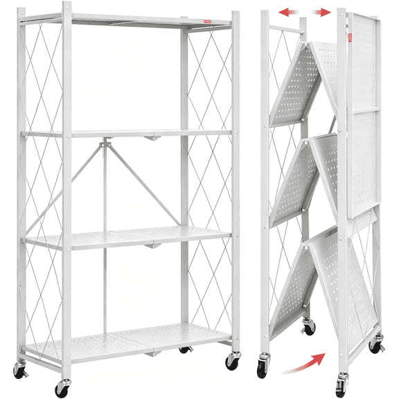 4-Tier Foldable Storage Shelf with Wheels - Metal Rack Collapsible Shelving Unit Display
