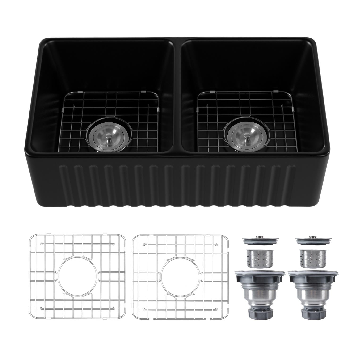 Eclipse 33 in. L 50/50 Farmhouse/Apron-Front Double Bowl Black Ceramic Kitchen Sink with Grid and Strainer