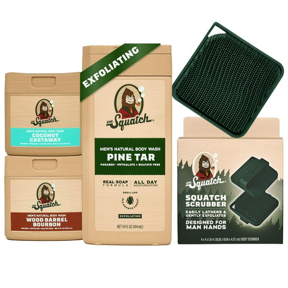 Dr. Squatch NEW Natural Body Wash for Men - Exfoliating and Non-Exfoliating - Pine Tar (14 oz) + Coconut Castaway + Wood Barrel Bourbon (8 oz, 2 Pack) + Body Scrubber