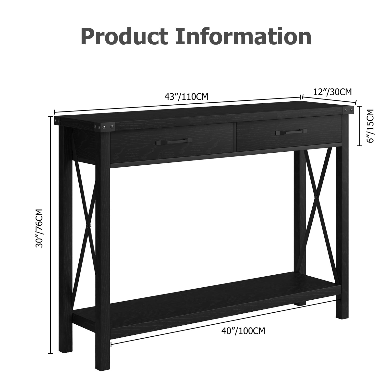 Console Table with 2 Drawers, Farmhouse Entryway Table with Storage Shelf, Accent Wood Sofa Table for Living Room, Hallway, Foyer - Black