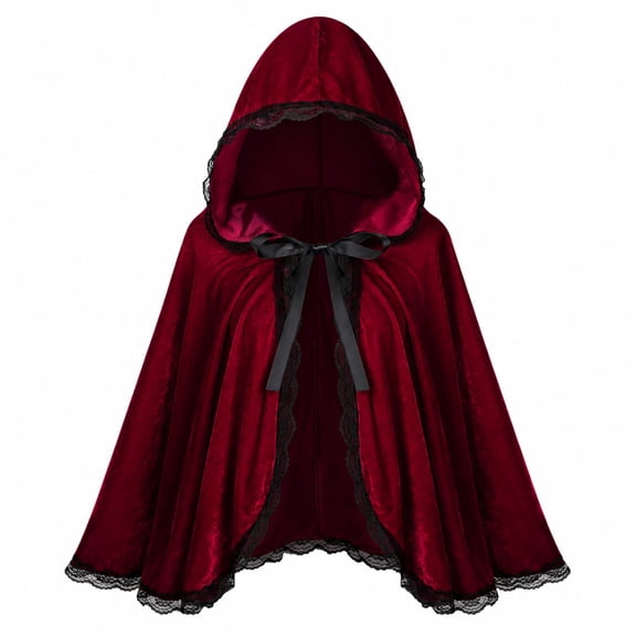 MEICHEN Halloween Solid Color Hooded Cloak for Women Classic Vintage Lace Trim Cape Dress Up Party Accessories