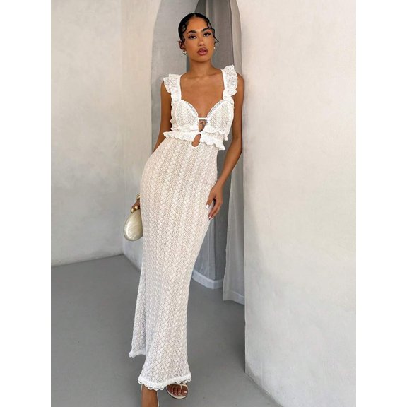 White Crochet Lace Maxi Dress With Ruffle Off-Shoulder & Keyhole Detail