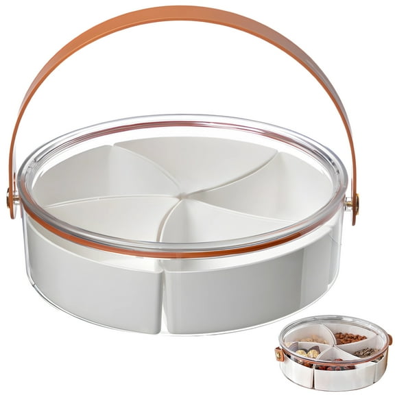Divided Serving Tray with Lid, Handle, 5 Compartment Clear Plastic Snack Fruit Platter, 10.2 in/26 cm Round Food Container for Parties, Events, Picnics