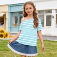 thumbnail image 2 of XYAIYT Girls Short Sleeve T-Shirts Off Shoulder Tops Striped Print Casual Summer Tee for Kids 5-14 Yeas, 2 of 6