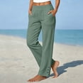 thumbnail image 2 of Linen Pants Women Petite Casual Straight Leg Pants | Ladies Elastic Waist Pull On Trousers with Pockets,Split Button Design Green M, 2 of 7