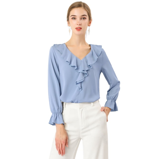 Blusa campesina vintage Allegra K Bebe azul L con volantes