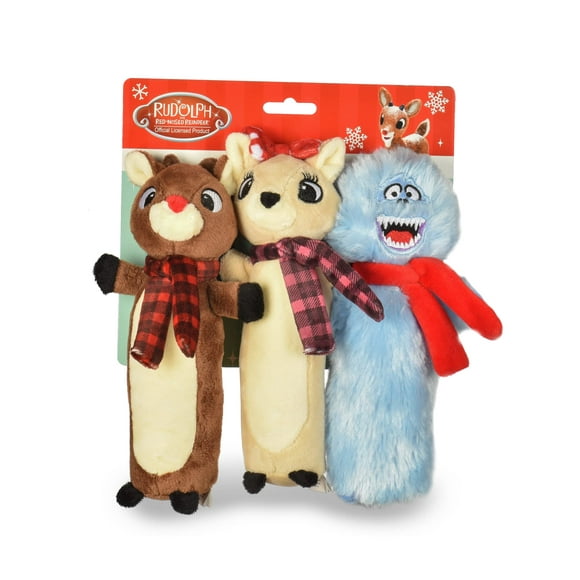Rudolph The Red Nosed Reindeer Bobo Body Dog Toys, 3 Pack | Rudolph & Friends Dog Chew Toys, Squeaky Dog Toys | Christmas Dog Chew Toys 3 Piece Backercard | 9 Inch Plush Dog Toys