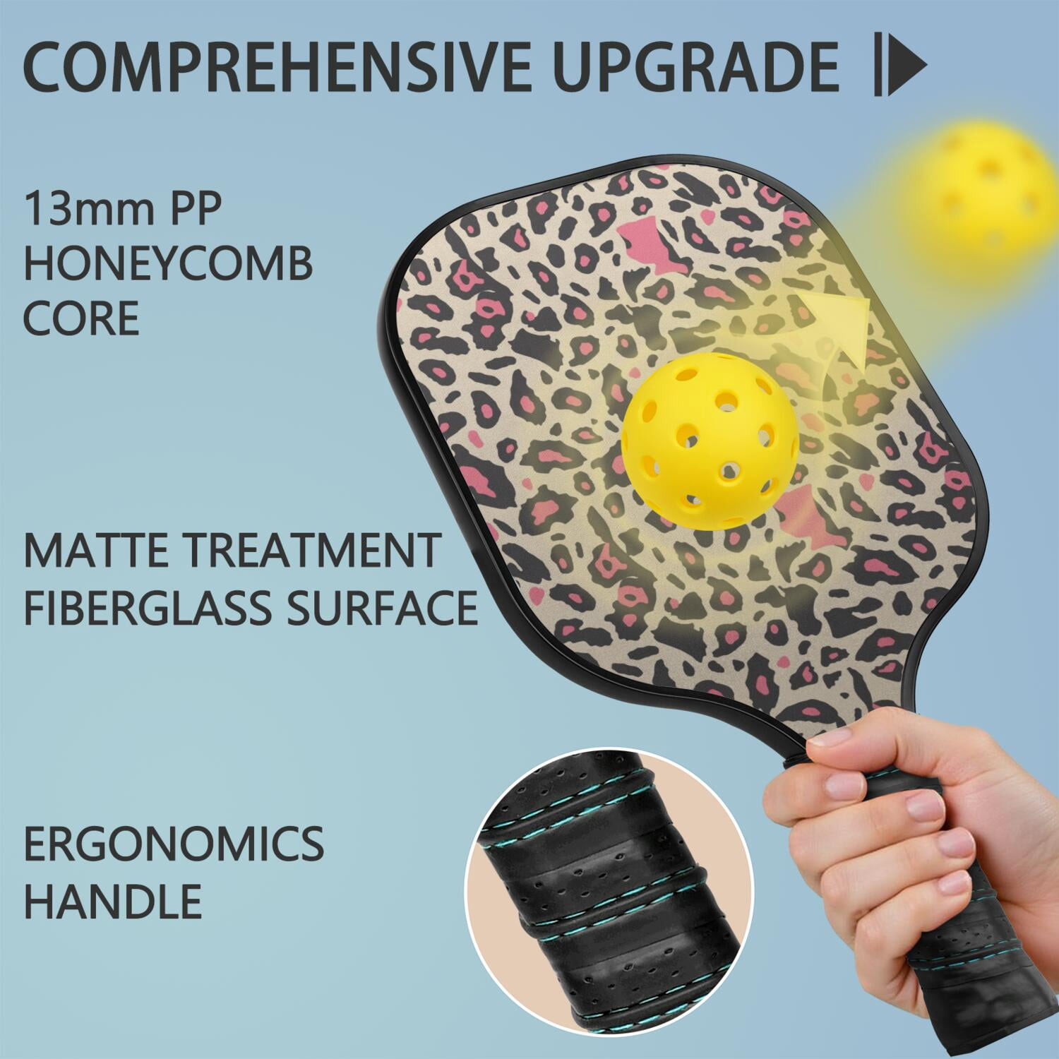 Pickleball Paddles Set Of 1, Fiberglass Surface, Animal, Leopard Print, 1 Paddle, 2 Balls & Bag