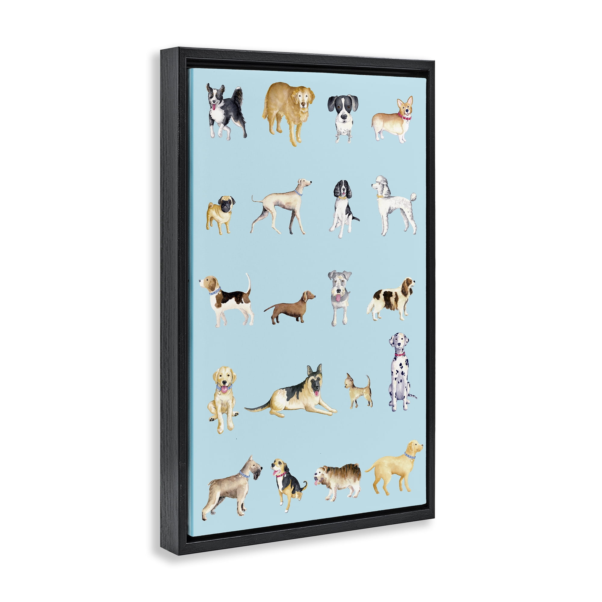 Stupell Industries Dog Breeds on Blue Black Framed Floater Canvas Wall Art, design by Andi Metz