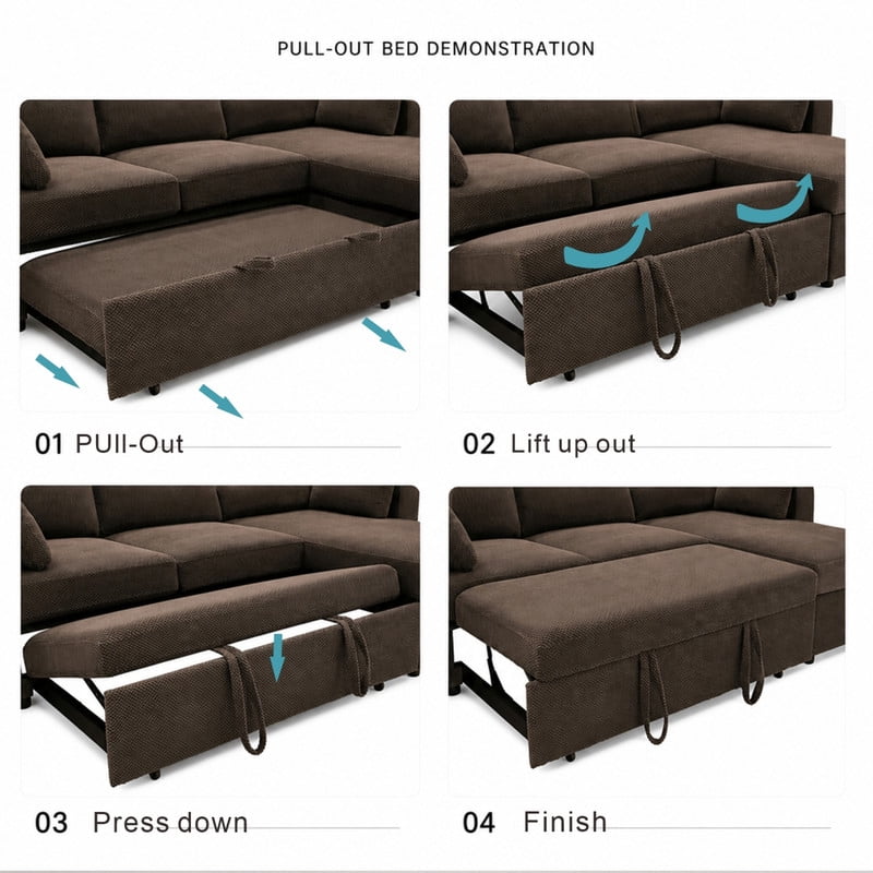 82.5" L-Shaped Convertible Sleeper Sofa, Pull-Out Sectional Sofa Bed with Storage Chaise, Cup Holders & 2 Lumbar Pillows, Modern Sofa Couch for Living Room, Apartment