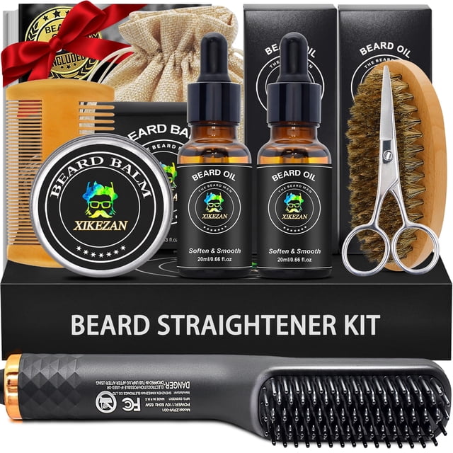 Kit para barba XIKEZAN con alisador, aceite, bálsamo, peine y tijeras