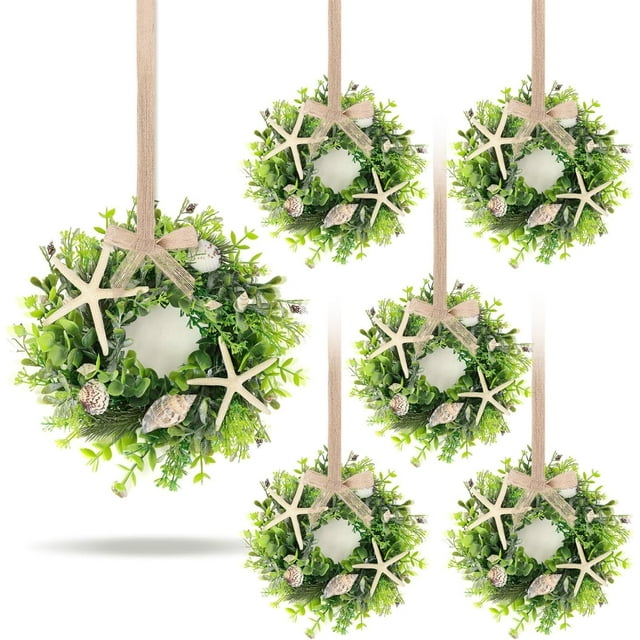 6 Pcs Shell Starfish Swag Wreath Summer Wreaths for Kitchen Cabinet Mini Artificial Rustic Farmhouse Wreaths with Ribbon for Pillar Front Door Porch Wall Window Farmhouse Decoration
