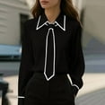 thumbnail image 2 of ZOELNIC Women's Contrast Trim Tie Neck Blouse Long Sleeve Shirt for Casual Work Wear, L, 2 of 6
