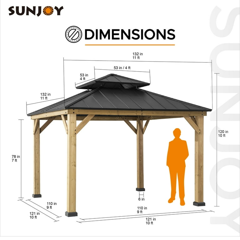 Sunjoy 11' x 11' Outdoor Permanent Gazebo with Hardtop Steel Roof