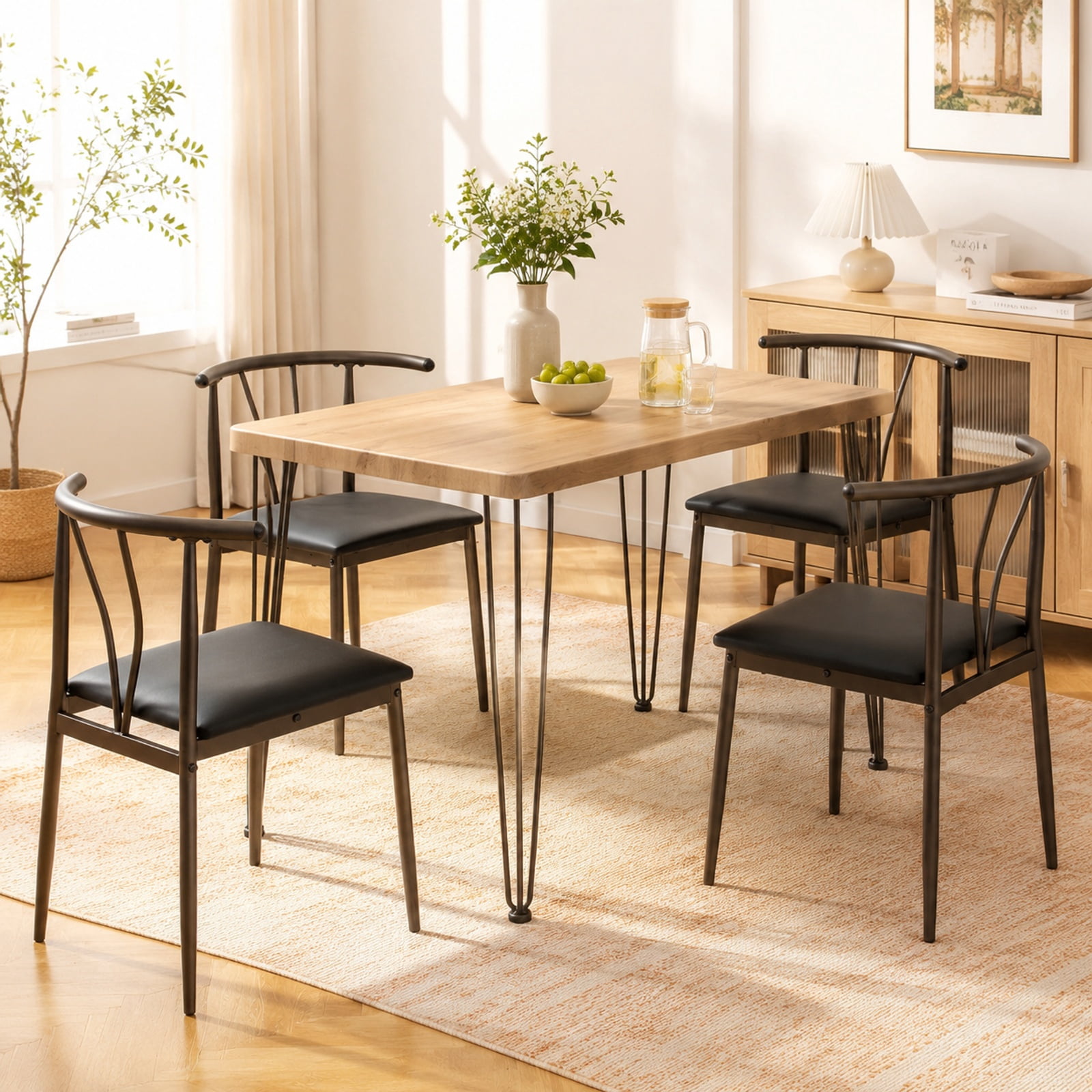 Furnibear 5 Piece Space Saving Industrial Dining Table Set for 4 with Armless PU Leather Chairs and Metal Legs for Kitchen, Black