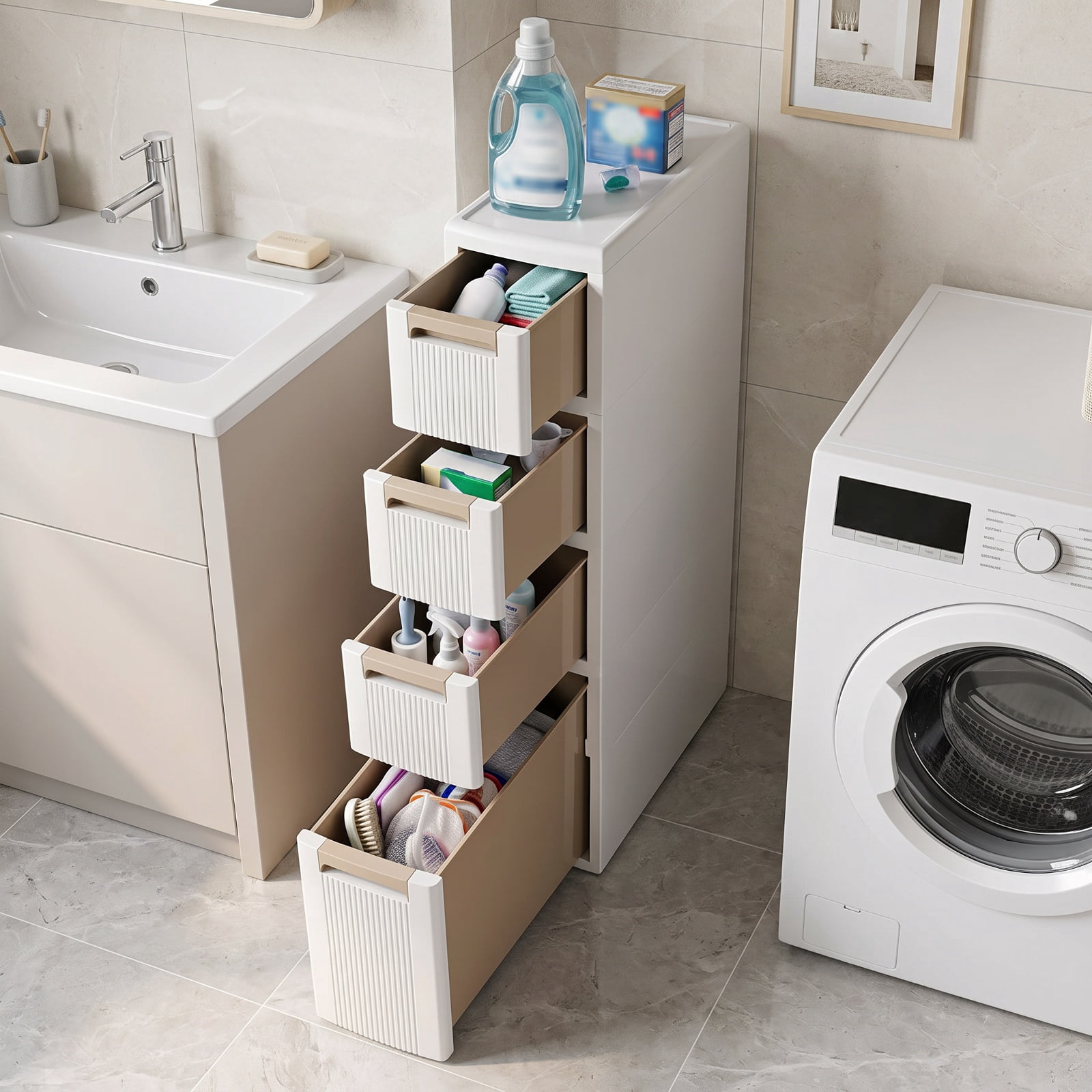 Vebreda Freestanding Bathroom Storage Cabinet, Narrow Storage Cabinet with Drawers and Removable Dividers, Multi-Layered Storage