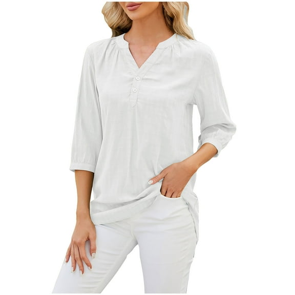 Besolor 3/4 Sleeve Shirts for Women Tops V Neck T Shirts Oversized Work Blouses Casual Dressy Tunic Tee Tops White