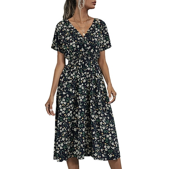 Enjiwell Women's Floral Print Bohemian V Neck Short Sleeve Chiffon Midi Dress