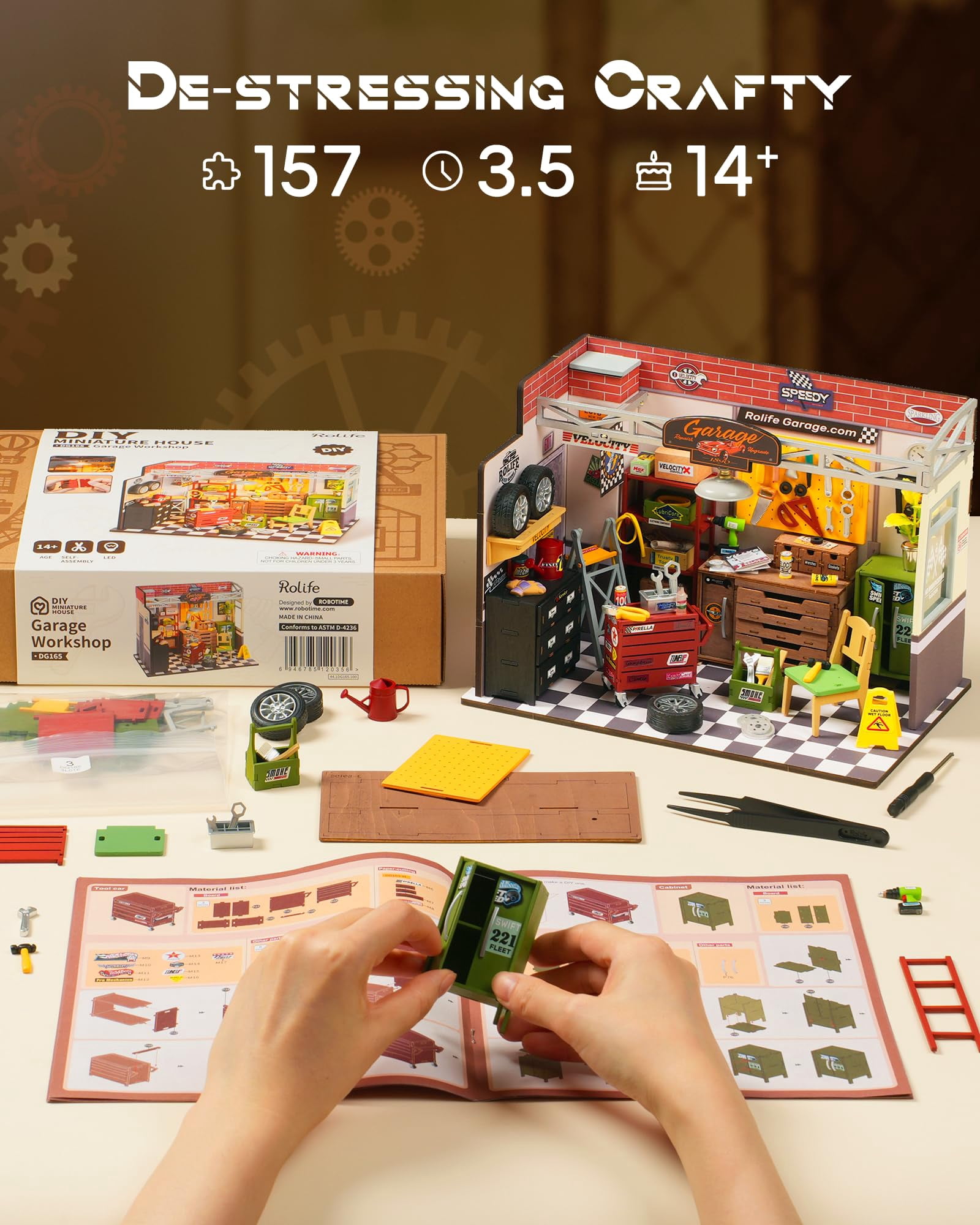 ROBOTIME Garage Workshop DIY Miniature House Kit,Wooden Dollhouse Model Building Sets,Tiny House Craft Kits with LED Gifts for Teens Adults