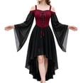 thumbnail image 2 of Witch Renaissance Costume Dress, Off Shoulder Gothic Witch High Low Dress, Flared Bell Sleeve Lace Up Renaissance Medieval Costume Dress for Halloween Cosplay Party, Deep Red L, 2 of 7